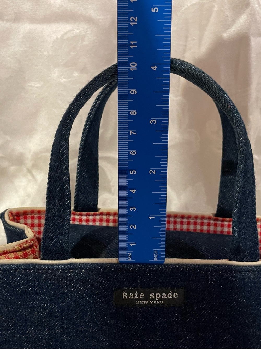 Vintage Y2K Kate Spade denim Blue Jean purse, red cottagecore gingham interior - Picture 14 of 16